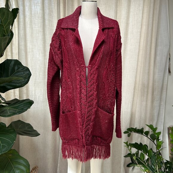 Sundance Boho Cable Knit Cardigan Coat Fringe Wool Cotton Blend, Women's XS - Picture 5 of 15